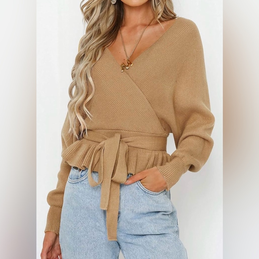 Tan Wrap Sweater with Tie Waist